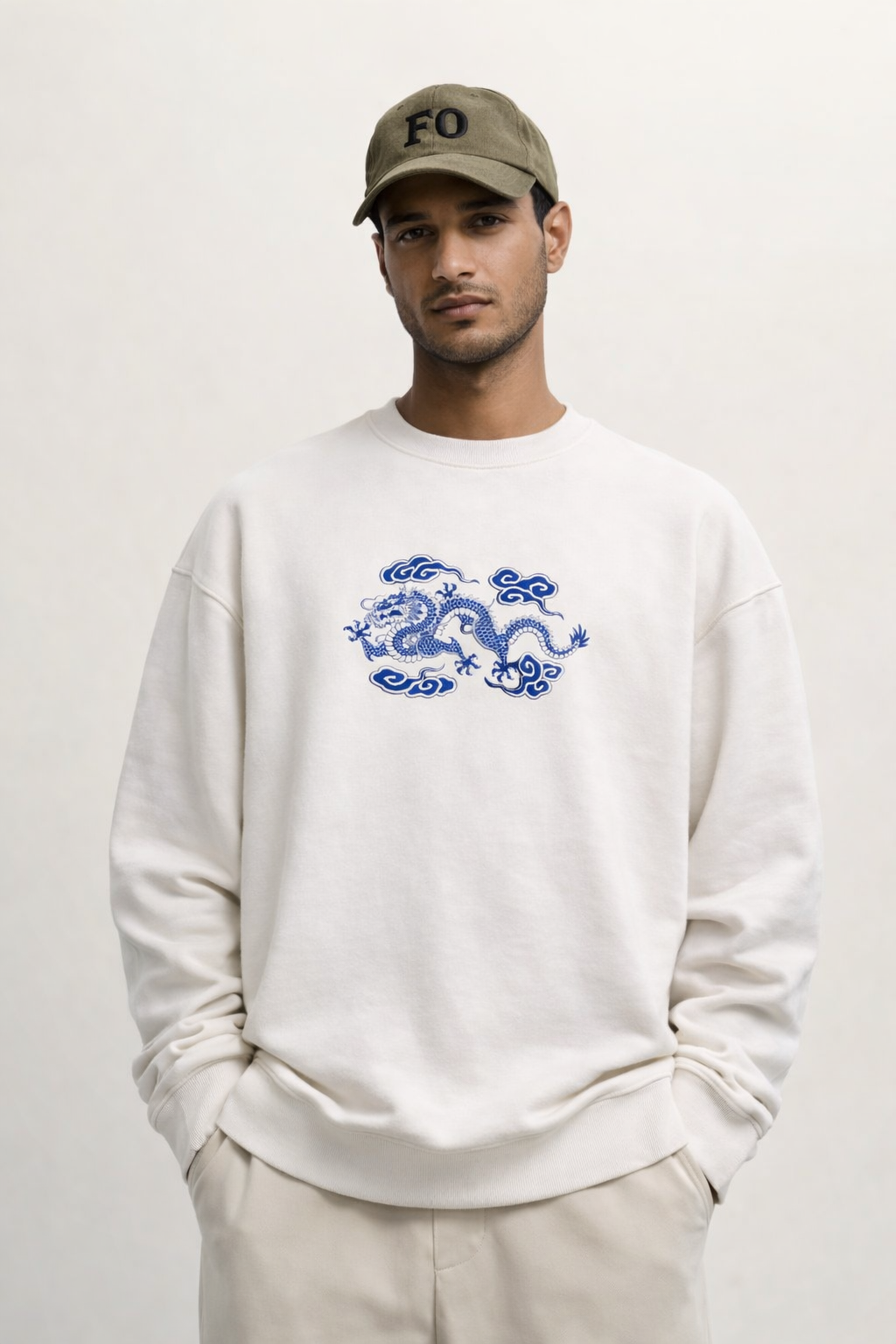 Azure Dragon Drop Shoulder Sweatshirt - White